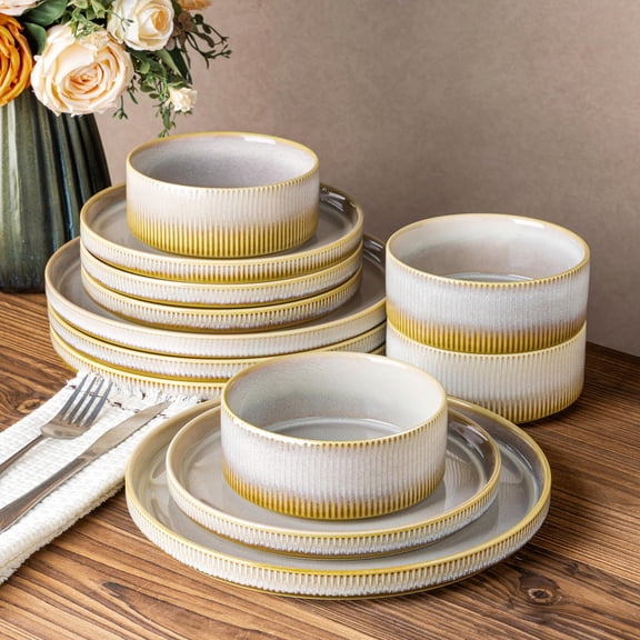 Ceramic Dinnerware Set, Autumn Haze, Service for 4, 12 Pieces Porcelain Plates and Bowls