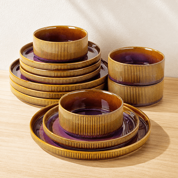 Ceramic Dinnerware Sets For 4 12 Pieces Porcelain Lightweight Plates And Scratch Resistant Dish Set Oven &wave Dishwasher Safe Amethyst