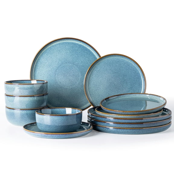 Ceramic Dinnerware Sets For 4  12 Pieces Stoneware Plates And Reactive Glaze Dishes -scratch Resistant Dishwasher&microwave Safe Space Blue