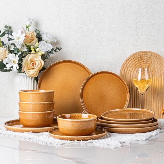 Ceramic Dinnerware Sets For 4  12 Pieces Stoneware Plates And Scratch Resistant Dishes Dishwasher & Microwave Safe Reactive Glaze-amber