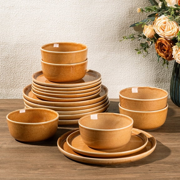 Ceramic Dinnerware Sets For 6 18 Pieces Stoneware Plates And Scratch Resistant Dishes Dishwasher &wave Safe Reactive Glaze-amber