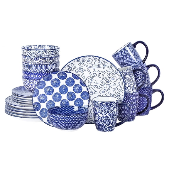 Ceramic Dinnerware Sets For 6  24 Piece Plates And Scratch Resistant Dishes Set-dishwasher &wave Oven Safe Vintblue A