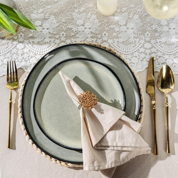 Ceramic Dinnerware Sets, Handmade Reactive Glaze Stoneware Plates and Bowls Set for 4, Dishwasher & Microwave Safe, 12-Piece