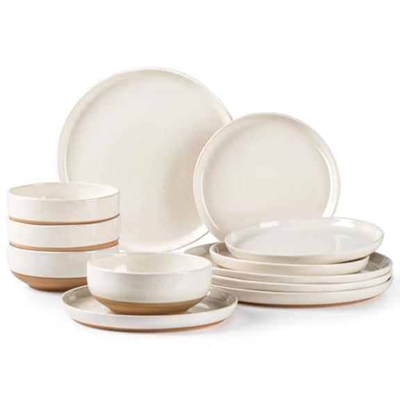 Ceramic Dinnerware Sets Handpainted Plates and Bowls Set with Rustic Terracotta Underside Scratch Resistant Stoneware Dishes Set Dishwasher Microwave Safe