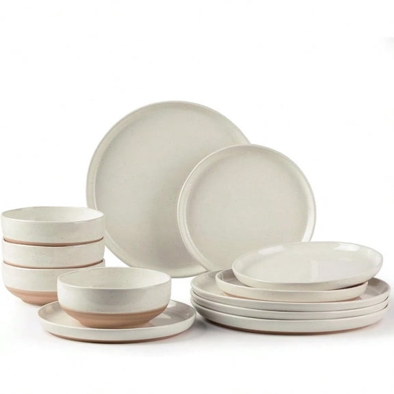 Ceramic Dinnerware Sets Handpainted Plates and Bowls Set with Rustic Terracotta Underside Scratch Resistant Stoneware Dishes Set Dishwasher Microwave Safe