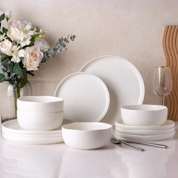 Wavy Rim Stoneware Dinnerware Set Dishwasher Microwave and Oven Safe Service for 4 12 Piece Matte Speckled White