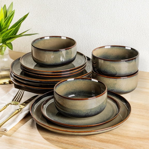 Ceramic Dinnerware Sets for 4, 12 Pieces Handmade Reactive Glaze Plates and Bowls Set, Scratch Resistant Dish Set, Oven & Microwave & Dishwasher Safe