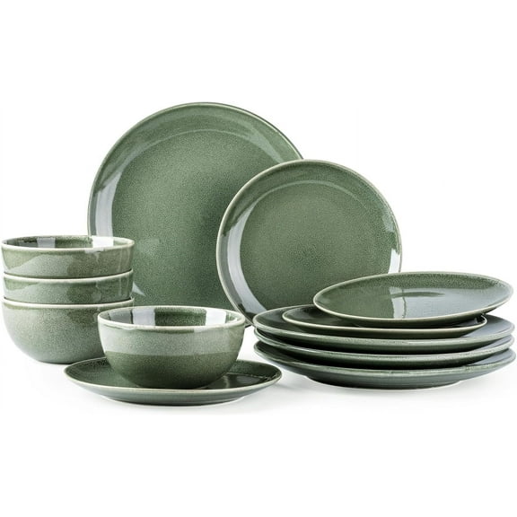 Ceramic Dinnerware Sets for 4, 12 Pieces Handpainted Stoneware Plates and Bowls Set, Scratch Resistant Dishes Set, Dishwasher & Microwave Safe,