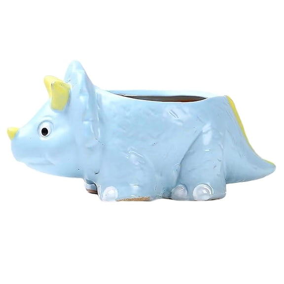 Ceramic Dinosaur Planter with Tray - Blue Triceratops Succulent Pot, 6 Inch Small Cactus Flower Holder, Cute Desktop Decor for Home Office, Unique Gift for Lovers