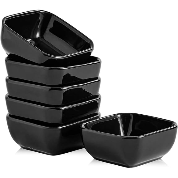 Ceramic Dipping Bowls Set of 6,3 Ounce Porcelain Small Mini Dip Bowl Square Soy Sauce Dish - for Tomato Sauce, Sushi Soy, BBQ,Charcuterie Board(Black)