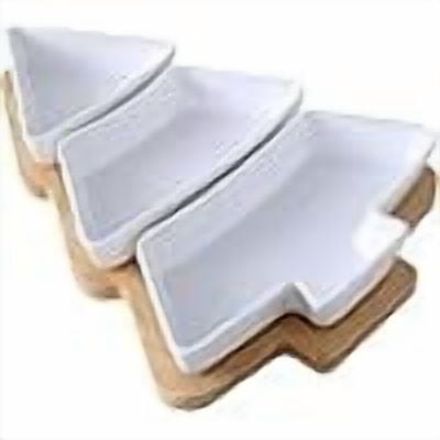 Ceramic Divided Dishes with Bamboo Tray,3-Compartment Appetizer,Christmas Tree Shape Sectional Serving Platter for Candy and Nut,Fruits,Condiment,Party