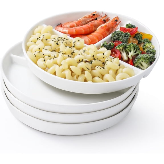 Ceramic Divided Plates Set of 4Pcs, large, White, Portion Control Plate, Reusable Bariatric Plate for Kids Adults, 3 Compartment Plates