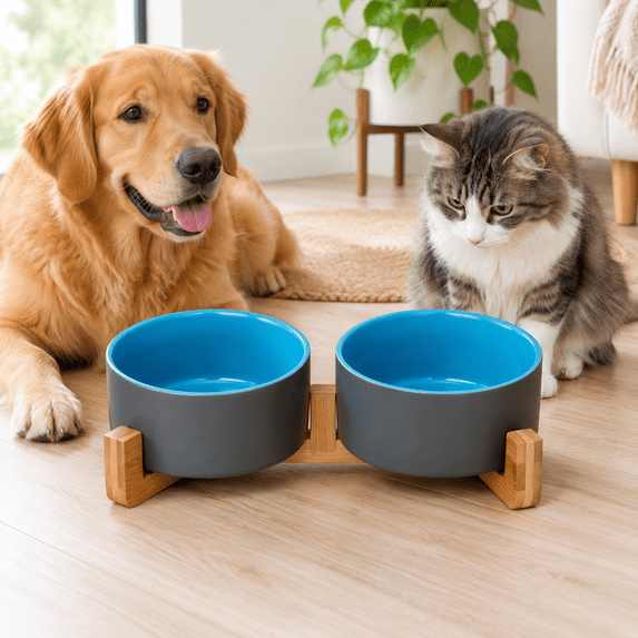 Ceramic Dog And Cat Bowl Set With Wooden Stand Modern Cute Weighted ...