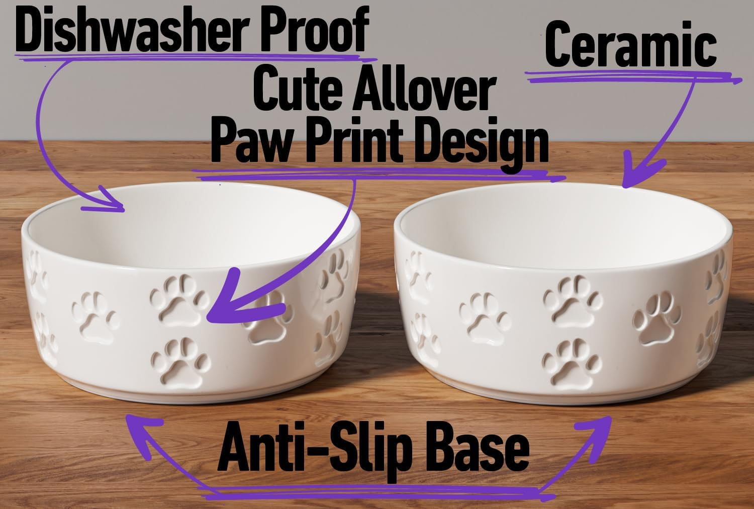 Small Off-White Ceramic Dog Bowls with Anti-Slip Rings