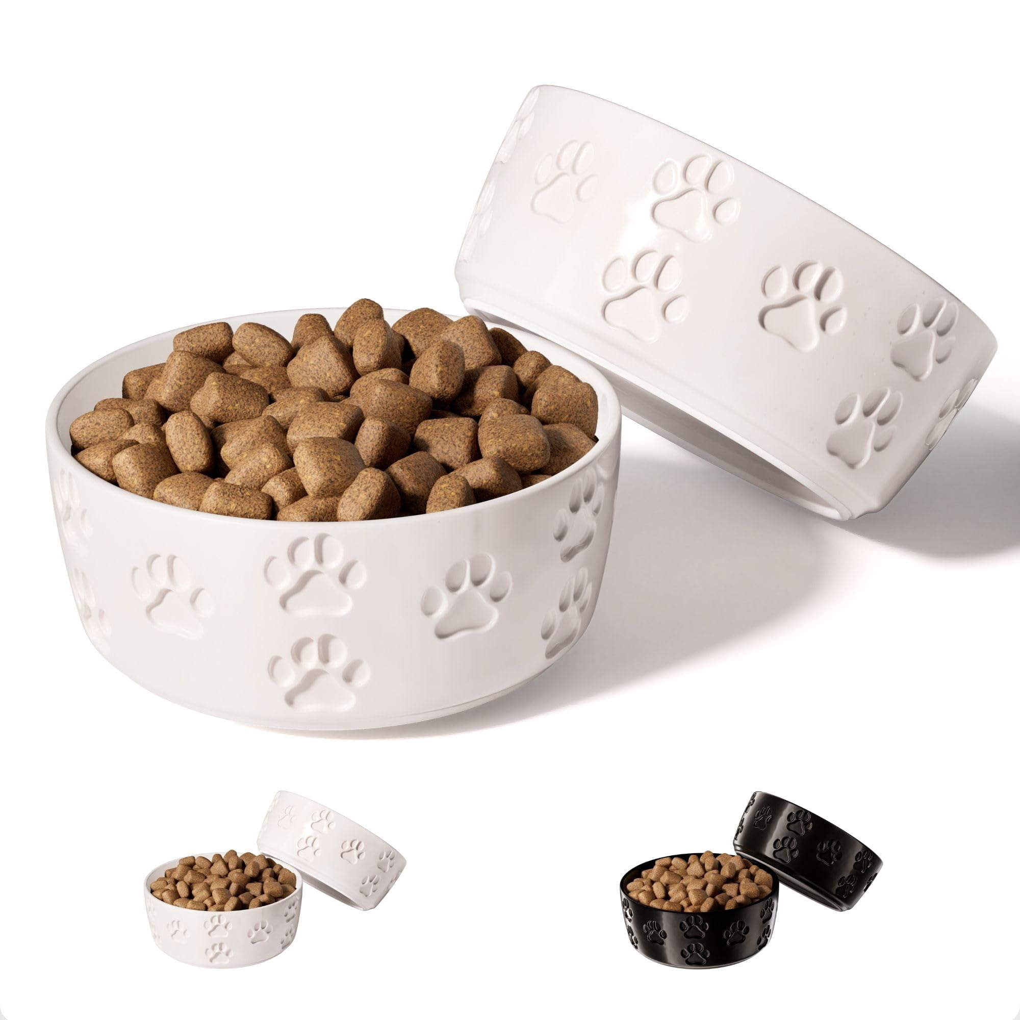 Small Off-White Ceramic Dog Bowls with Anti-Slip Rings