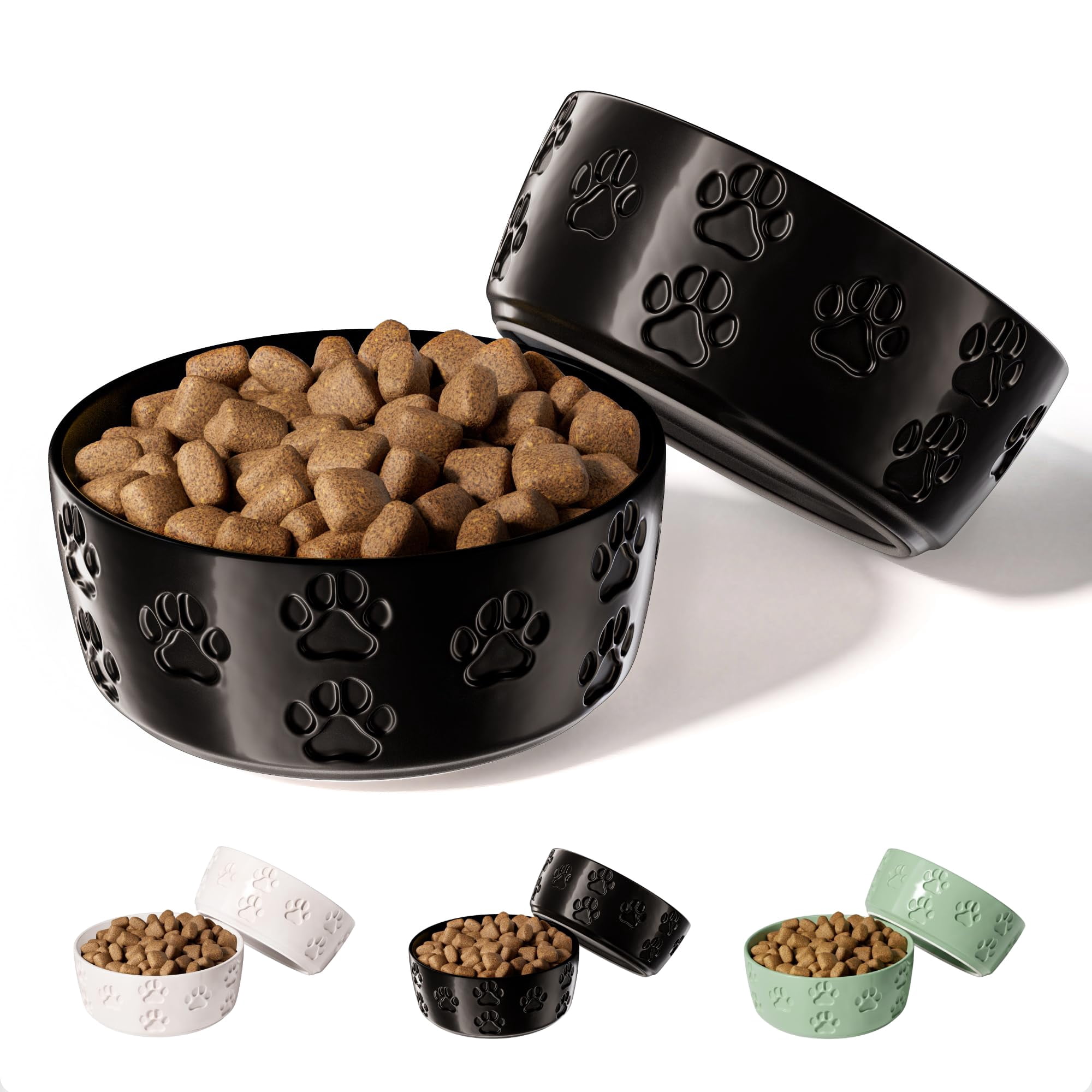 Ceramic Dog Bowl Set of 2 with Anti-Skid Base 5 Inch Wide 2 Cup Food and Water Bowls for Small Pets Non-Slip Rubber Bottom