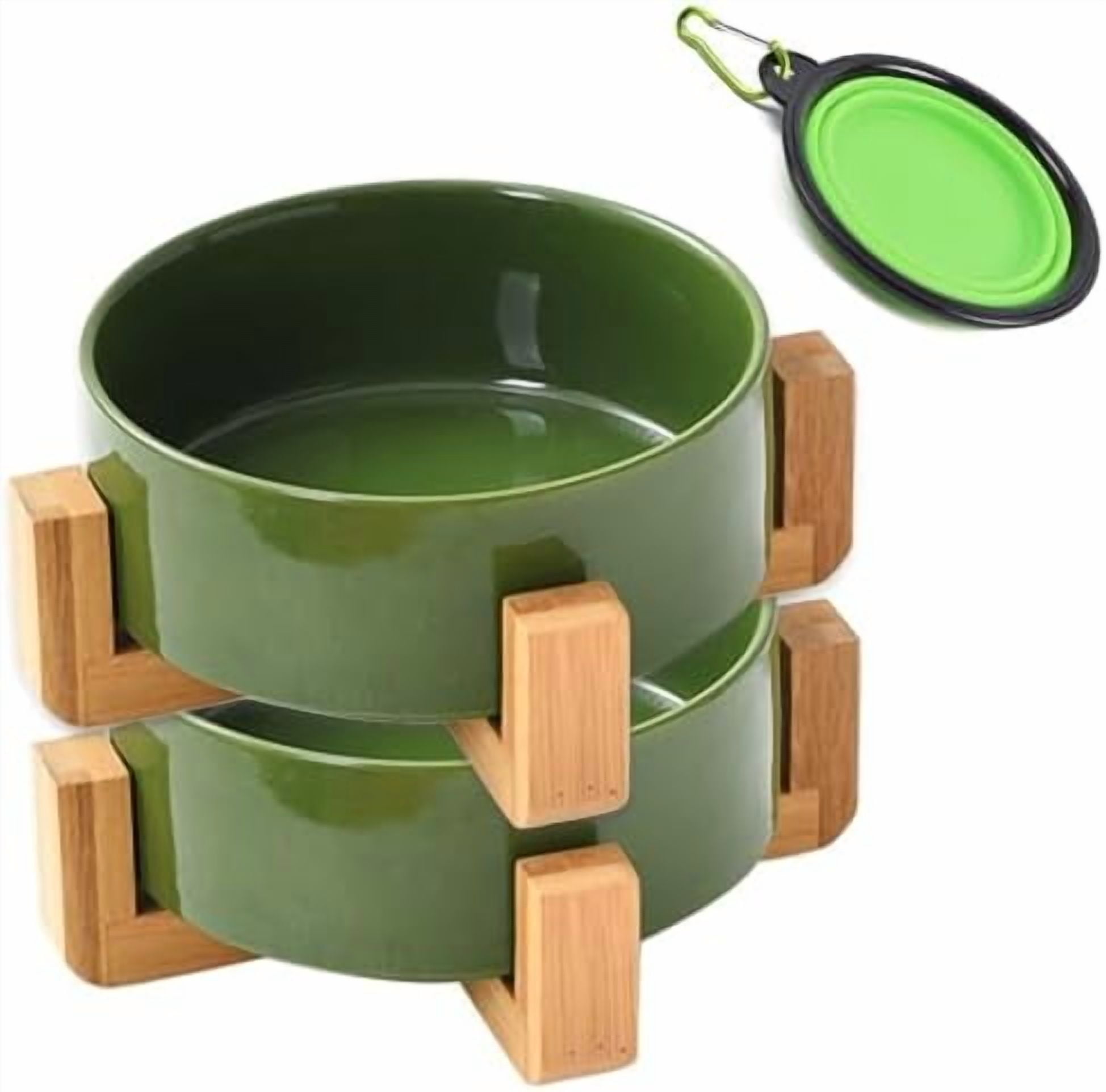 Ceramic Dog Bowl Set with Stand, Cat & Dog Food and Water Bowls, Medium Size - Anti-Slip Set of 2 - 28 OZ /3.6 Cups - Rust Green