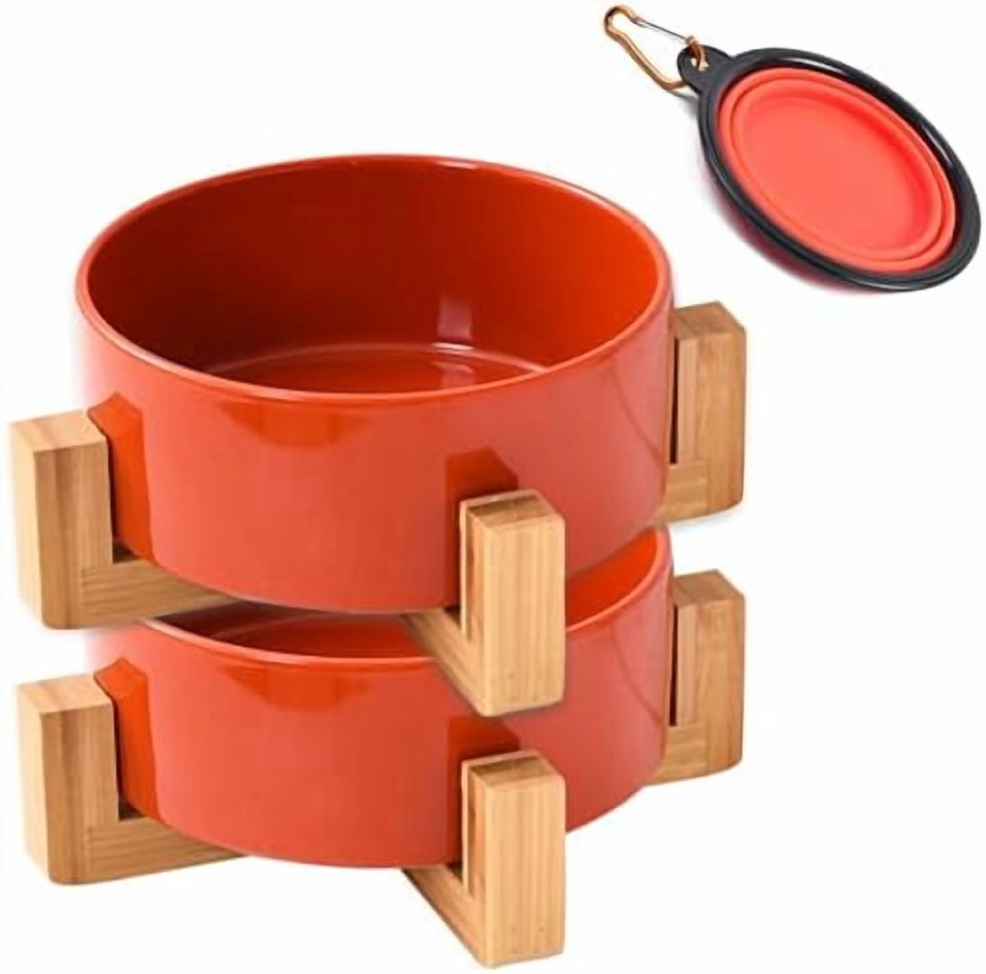 Ceramic Dog Bowl Set with Stand, Small Cat Dog Food and Water Bowl, Anti-Slip Set of 2 Bowls - 13.5 OZ (5.1In / 1.7 Cups) Rust Red