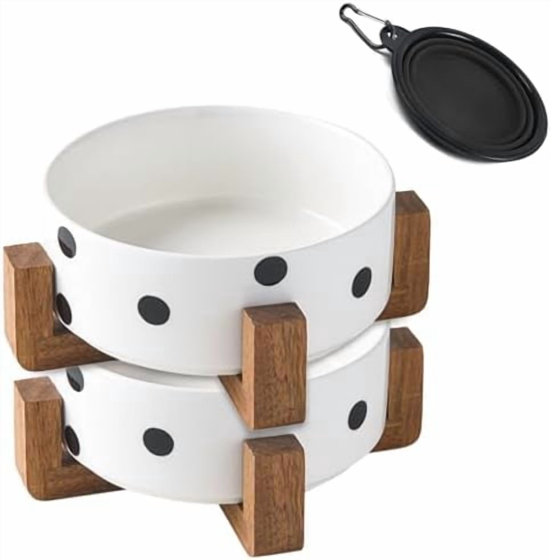 Ceramic Dog Bowl Set with Stand, Small Pet Bowls, Anti-Slip Cat & Dog Food and Water Bowl Set (13.5OZ/5.1 in) Black Dot