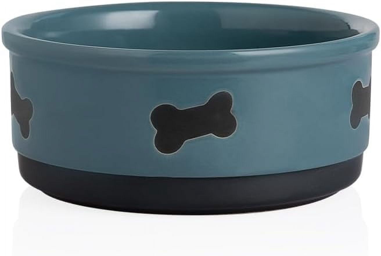 Ceramic Dog Bowls with Bone Pattern, Dog Food Dish for Medium Dogs, Porcelain Pet Bowl for Water 35 Fl Oz (Fog Blue)