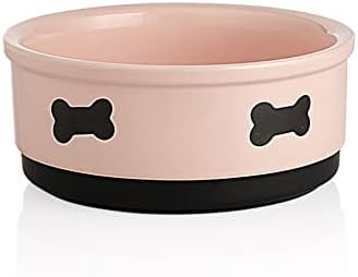 Ceramic Dog Bowls with Bone Pattern, Dog Food Dish for Medium Dogs, Porcelain Pet Bowl for Water 35 Fl Oz (Pink)