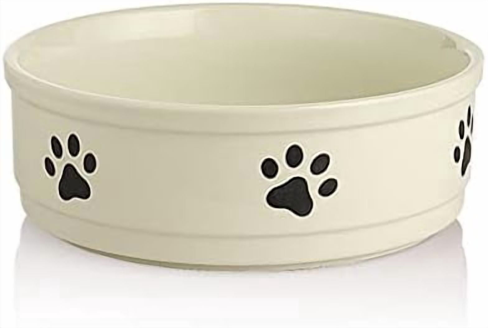 Ceramic Dog Bowls with Paw Pattern, Dog Food Dish for Large Dogs, Porcelain Pet Bowl for Water 70 Fl Oz (Beige)