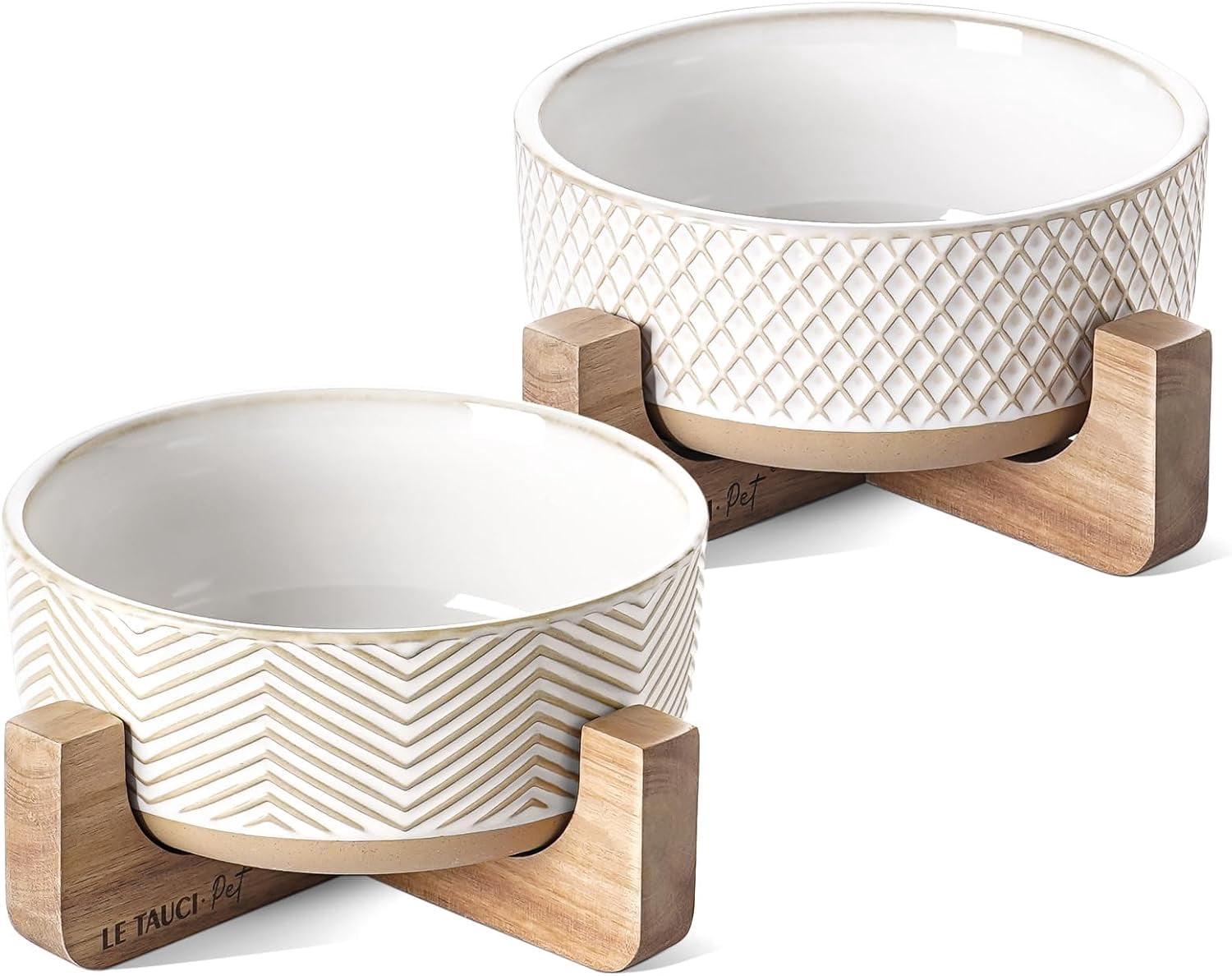 Ceramic Dog Bowls with Wood Stand, 4-Cup Pet Food and Water Dishes Set of 2 for Small Medium Dogs