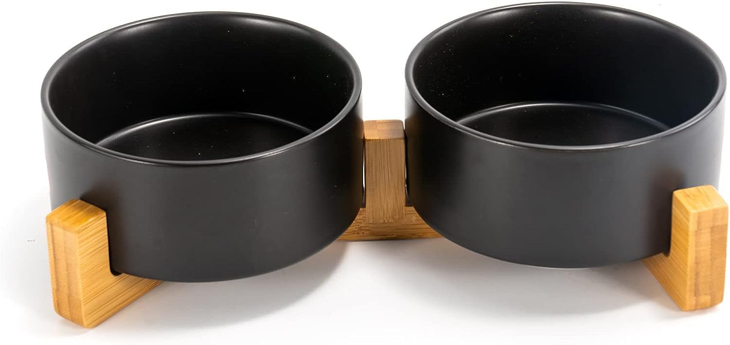 Ceramic Dog and Cat Bowl Set with Wooden Stand, Modern Cute Weighted Food Water Set for Small Size Dogs (11.8OZ) & Medium Sized Dogs (20.2OZ) & Larger Size Dogs(33.8OZ)
