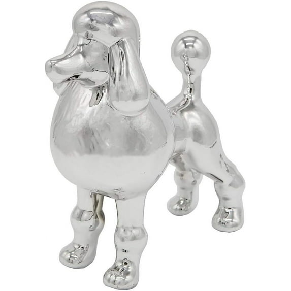 Ceramic Dog Statue - Metallic Silver Standing Poodle Dog Statue - Decorative Dog Sculpture for Garden or Home Décor - Poodle Dog Outdoor Statue - (9” x 3.5” x 9.25”)