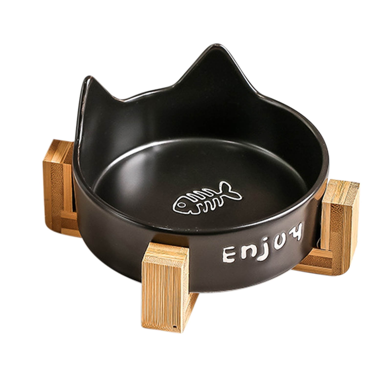 Ceramic Dog and Cat Bowl with Non Slip Wooden Stand, Elevated Pet Food and Water Bowl Set, Stylish Modern Raised Dish for Small Dogs and Cats