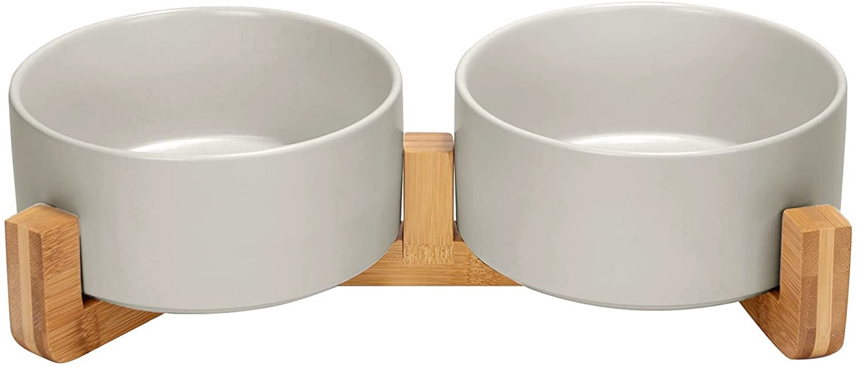 Ceramic Dog and Cat Bowl with Wood Stand Non-Slip Matte Glaze Weighted Food Water Set for Cat Medium Dog 28.7 OZ