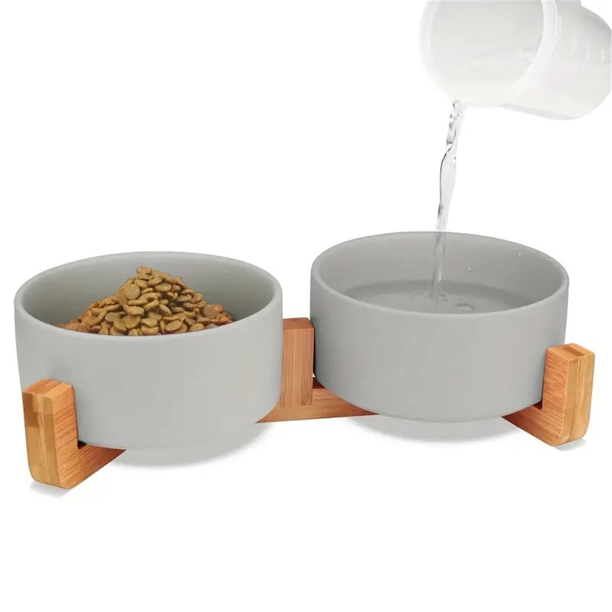 Ceramic Dog and Cat Bowl with Wood Stand Non-Slip Matte Glaze Weighted Food Water Set for Cats &Small Dogs 13.5OZ