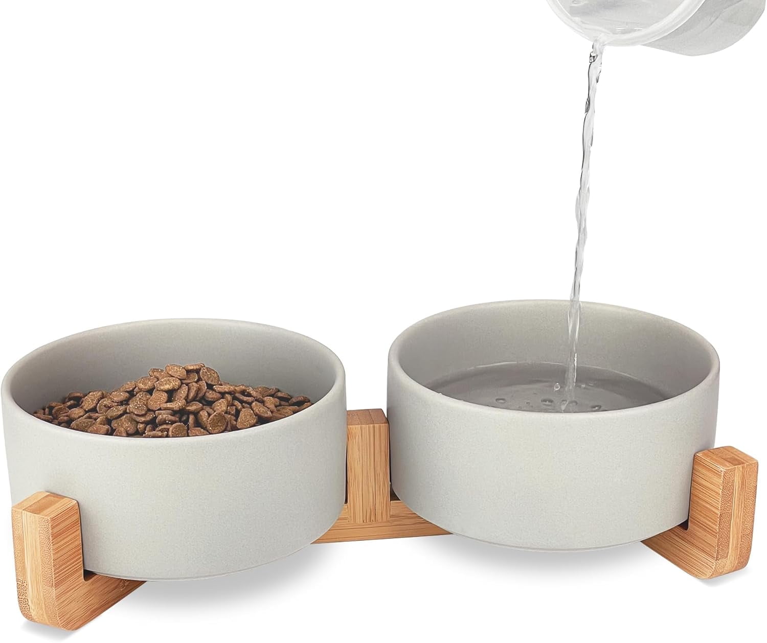 Ceramic Dog Bowls,Dog Bowl Set With Acacia Wood Stand - 13.5oz Ceramic Puppy Bowls For Small Dogs, Dual Food And Water Bowls With Weighted Non-Slip Base