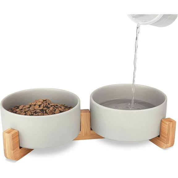 Ceramic Dog Bowls,Dog Bowl Set With Acacia Wood Stand - 13.5oz Ceramic Puppy Bowls For Small Dogs, Dual Food And Water Bowls With Weighted Non-Slip Base