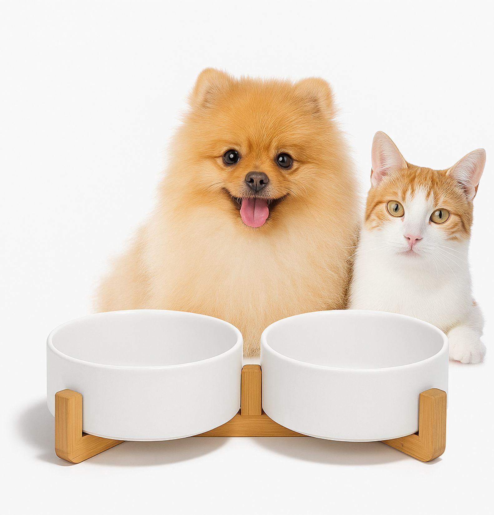 Ceramic Dog and Cat Bowl with Wood Stand Non-Slip Matte Glaze Weighted Food Water Set for Cats &Small Dogs 400 ml - VALLARY