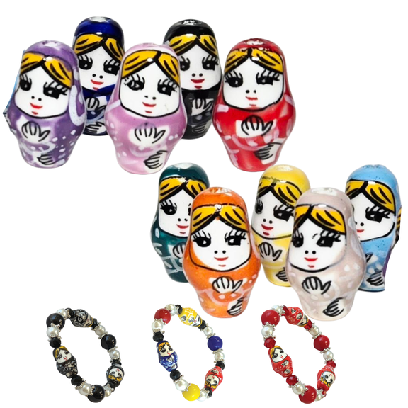 Ceramic Doll Beads for Bracelets, Matryoshka Russian Beads, DIY Jewelry Making Supplies, Gift for Beaders, Asst, 10 Pcs