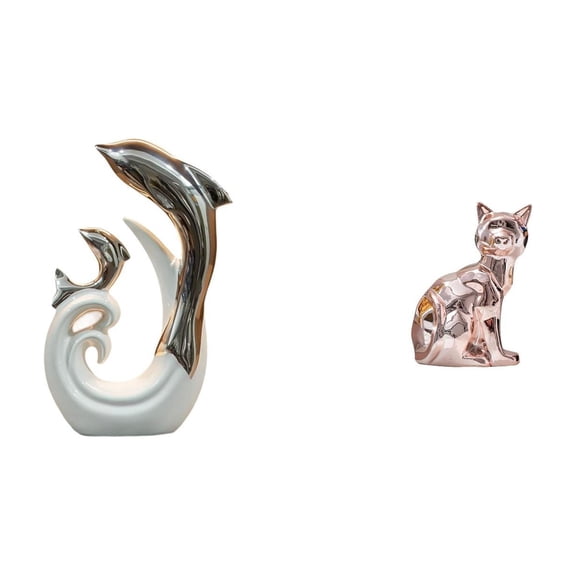 Ceramic Dolphin Cat Figurine Abstract Modern Art Silver White Ceramic Material for Office Home Coffee Table
