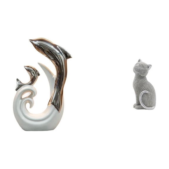 Ceramic Dolphin Cat Figurine Silver White Accent Resin Unique Modern Art for Coffee Table Bedroom Entrance Decor