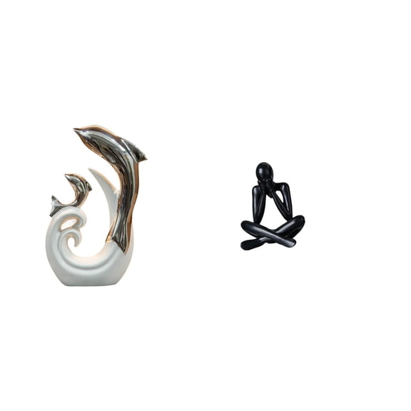 Ceramic Dolphin Statue Abstract Desktop Figurine Silver White Smooth Finish Modern Home Office Ornament