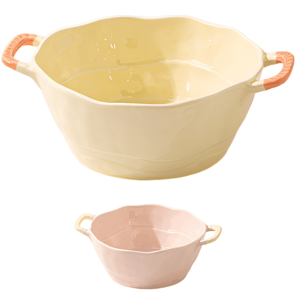 Ceramic Double Ear Soup Bowl, Household Cream Style, Cute Dessert Salad Pasta Bowl, Distinct Pinch Edges, Microwave Oven Safe