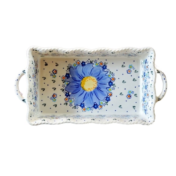 Ceramic Double-Handled Baking Pan Curved Edges Floral Woven Texture Baking Dessert Bowl Square Tableware