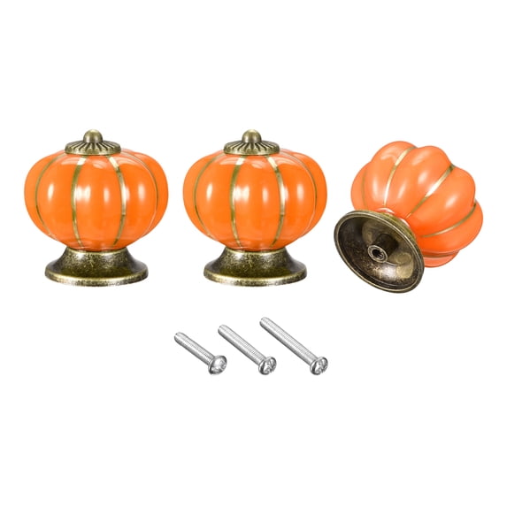 Ceramic Drawer Knobs, 3Pcs Pumpkin Shape Handles Pulls 40mm/1.57" Dia. W Screws, Orange