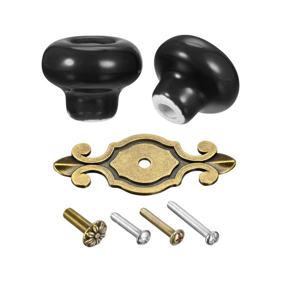 Ceramic Drawer Knobs, 4Pcs Vintage Handles Pulls 32mm/1.26" Dia. Knob, W Base and Screws, Black