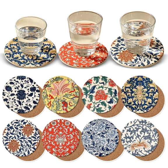 Ceramic Drink Coasters, Absorbent Coasters, Floral Coasters, Table Decorations, Non Slip 4 Inch Diameter Vintage Floral Patterned Ceramic Coaster with Soft Cork Back to Protect
