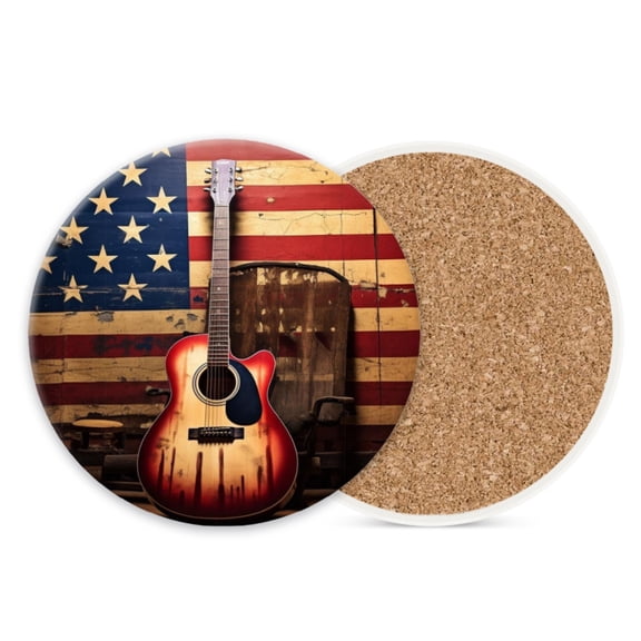 Ceramic Drink Coasters Absorbent Set of 1, Acoustic Guitar in Front of American Flag Round Anti Slip Modern Cup Coasters for Desk Kitchen Office Housewarming Hostess Gifts (4*4 Inch)