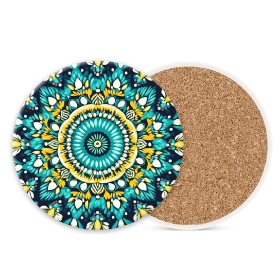 Ceramic Drink Coasters Absorbent Set of 1, Beautiful Teal and Yellow Mandala Floral Pattern Round Anti Slip Cup Coasters for Desk Kitchen Office Housewarming Hostess Gifts (4*4 Inch)
