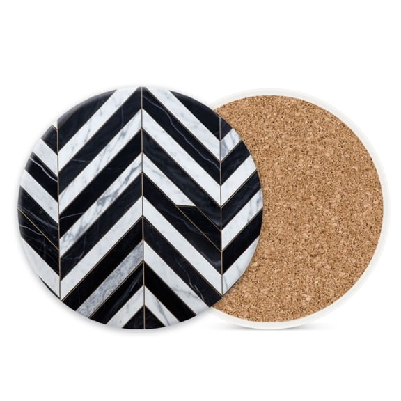 Ceramic Drink Coasters Absorbent Set of 1, Black and White Marble Herringbone Tiles Pattern Round Anti Slip Modern Cup Coasters for Desk Kitchen Office Housewarming Hostess Gifts (4*4 Inch)