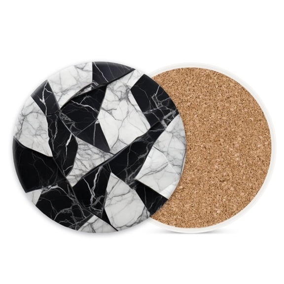 Ceramic Drink Coasters Absorbent Set of 1, Black White Marble Pattern with Geometric Shapes Round Anti Slip Modern Cup Coasters for Desk Kitchen Office Housewarming Hostess Gifts (4*4 Inch)