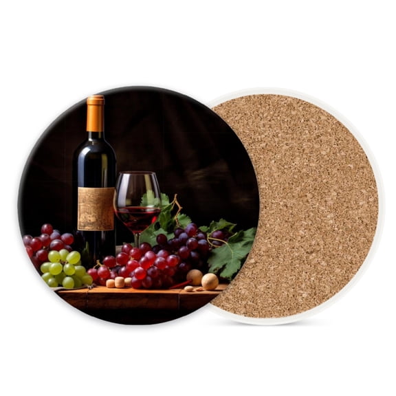 Ceramic Drink Coasters Absorbent Set of 1, Bottle of Red Wine and Grapes Round Anti Slip Modern Cup Coasters for Desk Kitchen Office Housewarming Hostess Gifts (4*4 Inch)