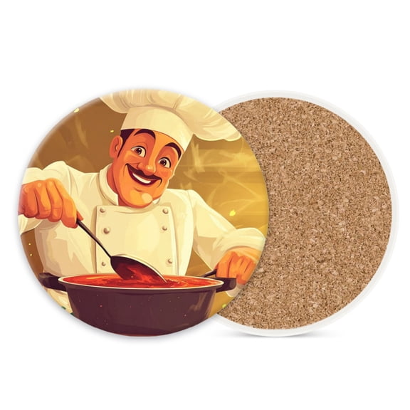Ceramic Drink Coasters Absorbent Set of 1, Cartoon Chef with Oversized Pot of Sauce Round Anti Slip Modern Cup Coasters for Desk Kitchen Office Housewarming Hostess Gifts (4*4 Inch)